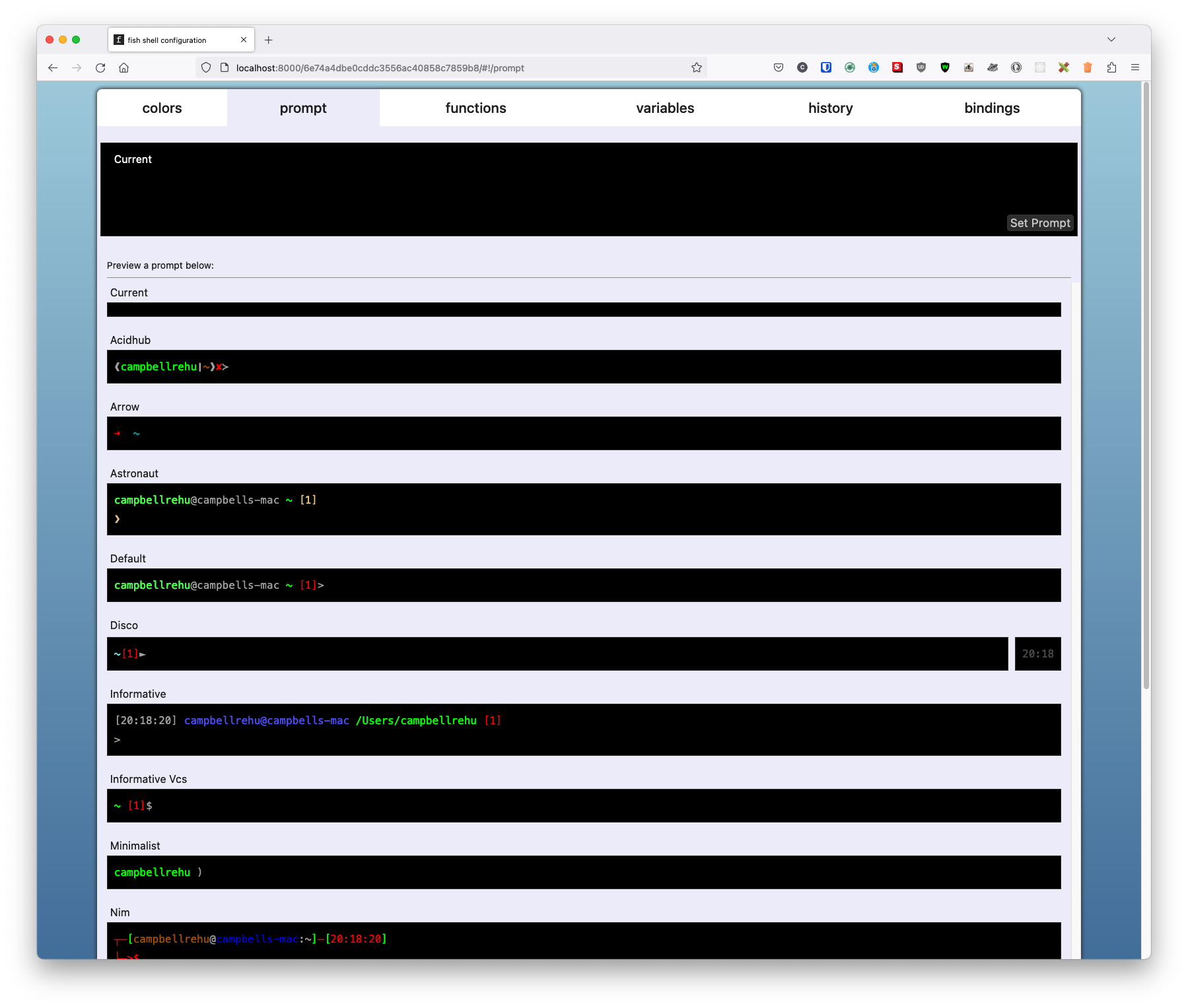fish config web-based UI: prompt customisation